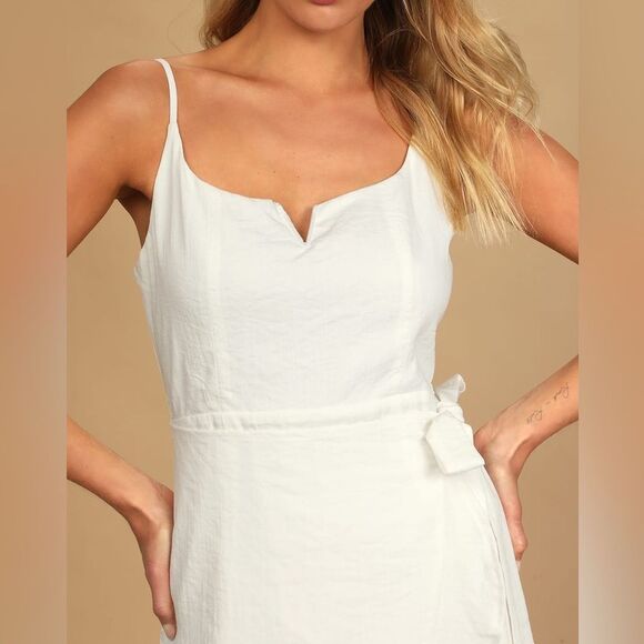 NWT LULUS Sunny Oasis White Ruffled Faux-Wrap Mini Dress. Size Small - Picture 4 of 11